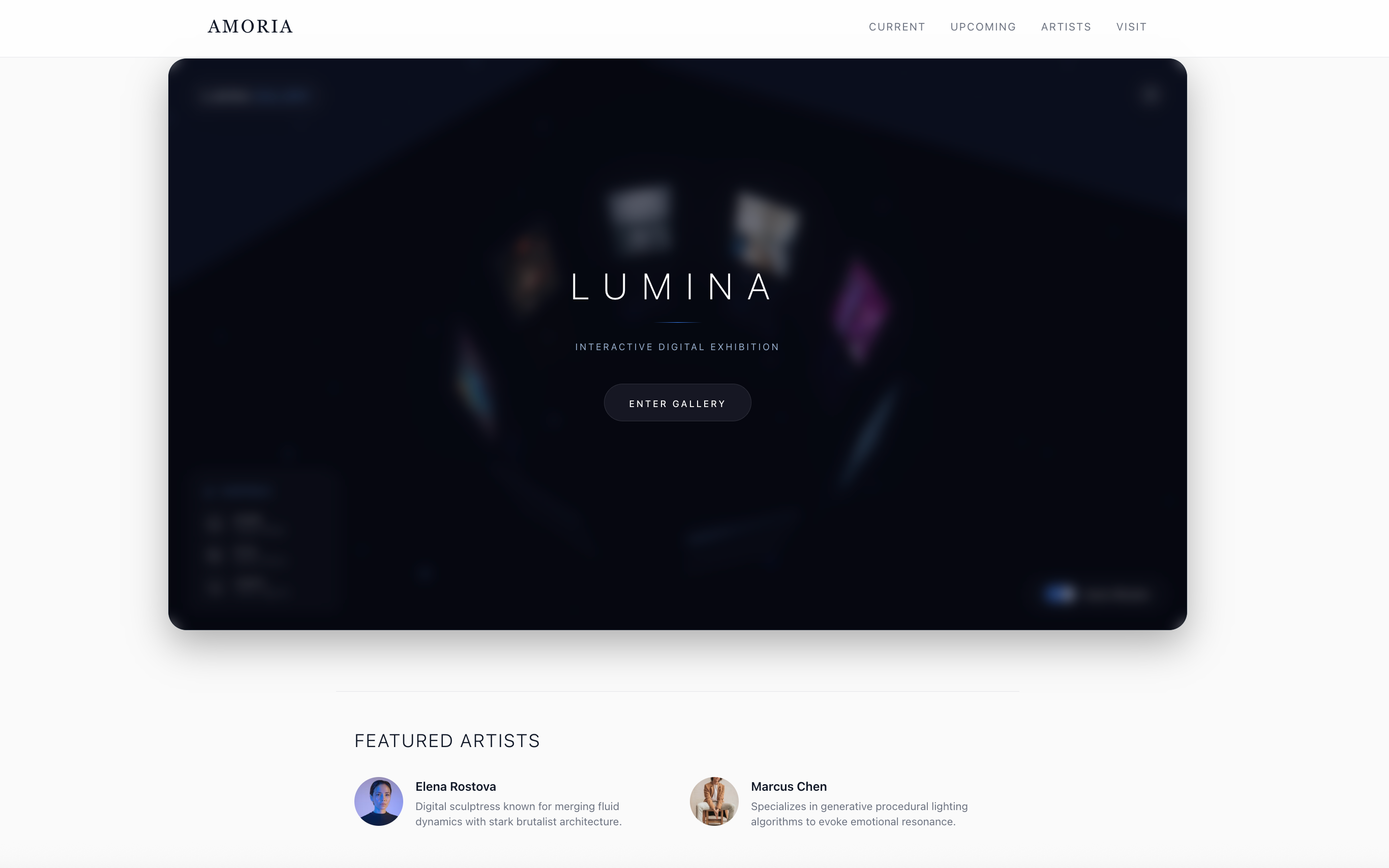 Interactive 3D gallery embedded as a contextual module within a brand website — seamless WebGL integration with surrounding navigation, hero section, and page content